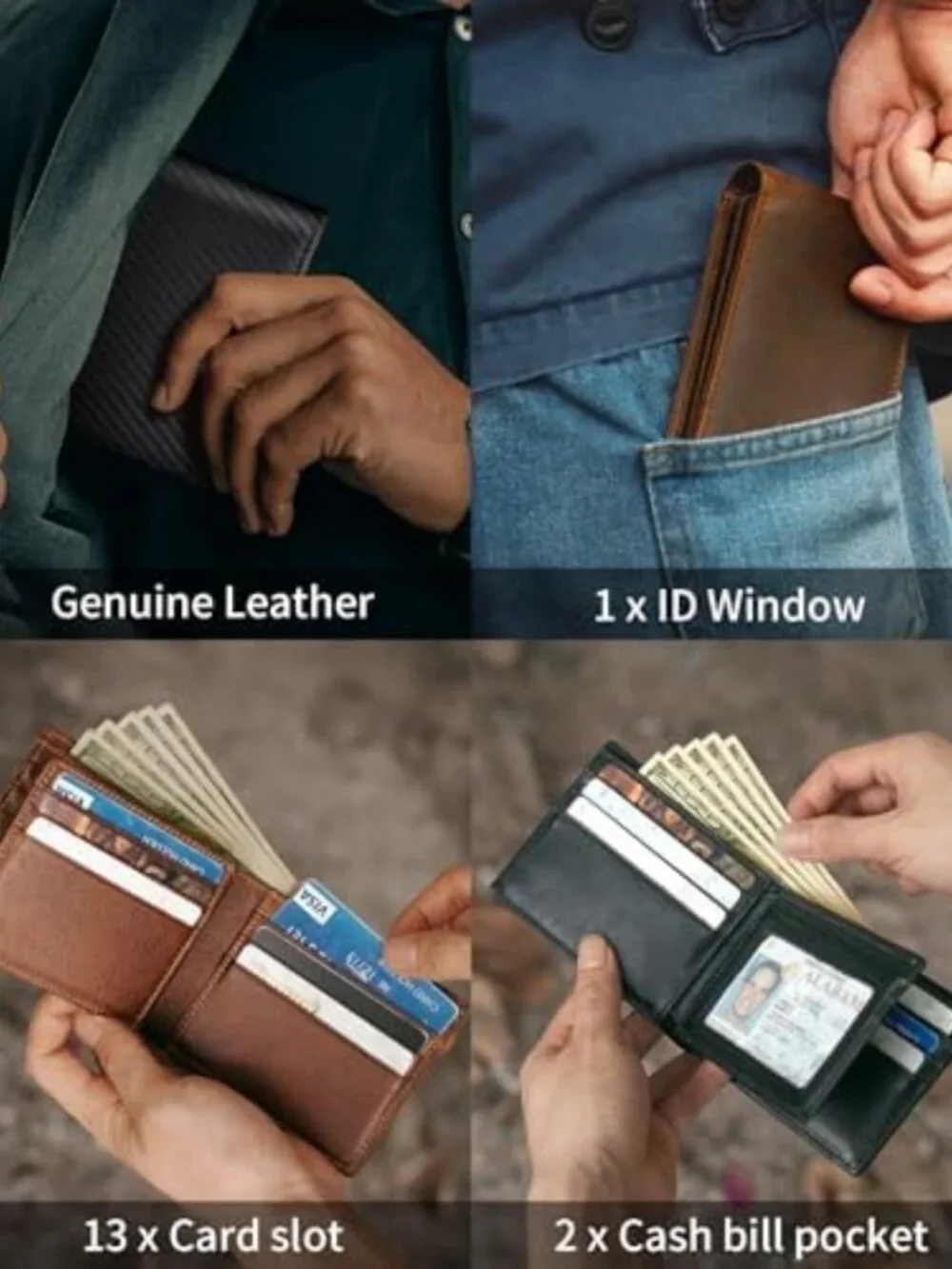 Genuine Leather Bifold Wallet for Men | RFID Blocking, 13 Card Holders, ID